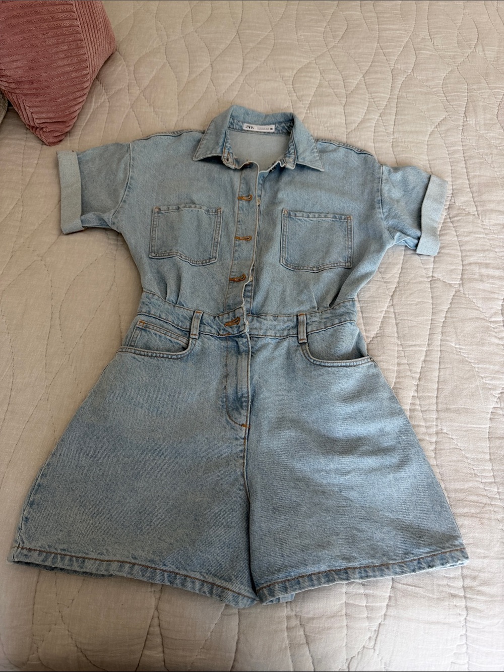 Zara Light Wash Denim Short Jumpsuit Romper